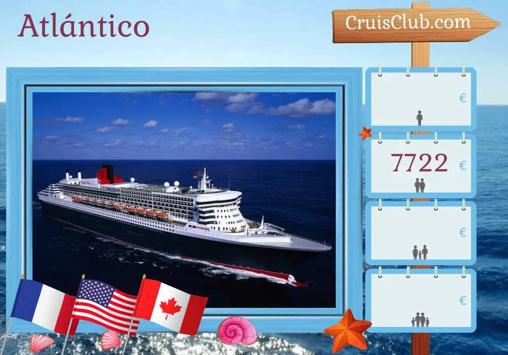 Crucero en el Transatlántico desde Southampton a bordo del barco Queen Mary 2 con visitas a Francia, EE. UU. y Canadá durante 23 días