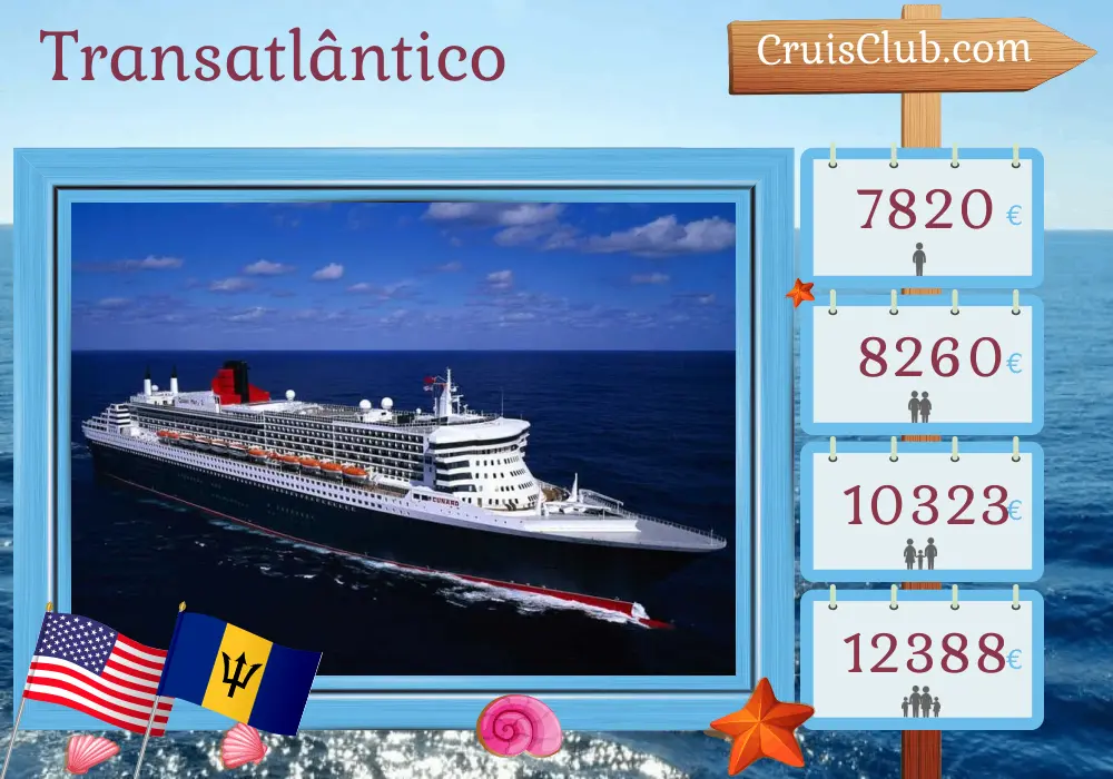 Cruzeiro Transatlântico de Southampton a bordo do navio Queen Mary 2 com visitas aos EUA e Barbados por 28 dias