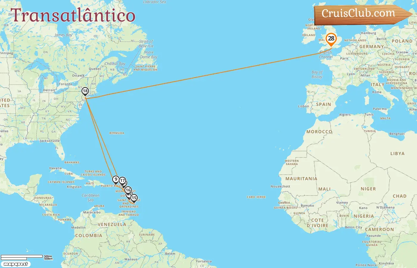 Cruzeiro Transatlântico de Southampton a bordo do navio Queen Mary 2 com visitas aos EUA e Barbados por 28 dias