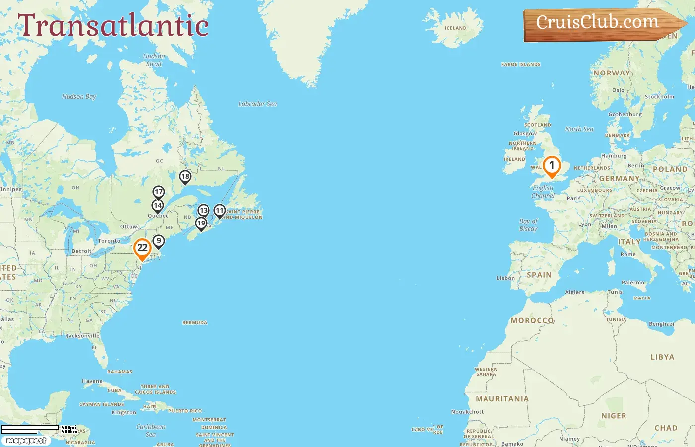 Cruise in the Transatlantic from Southampton to New York aboard Queen Mary 2 ship with visits to USA and Canada for 22 days