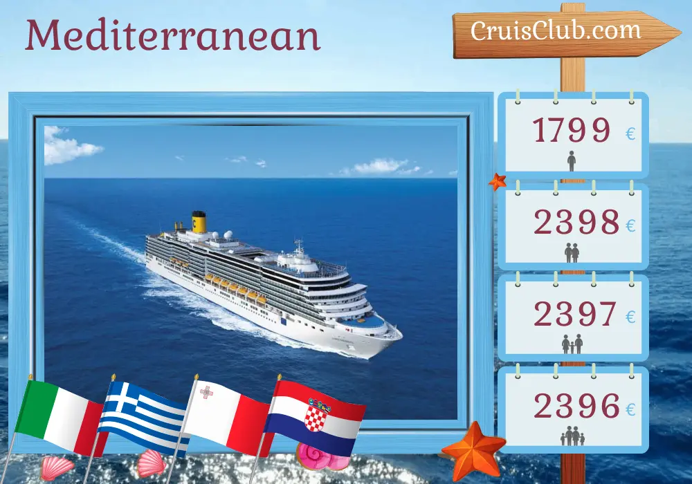 Cruise in the Mediterranean from Bari aboard Costa Deliziosa ship with visits to Italy, Greece, Malta, and Croatia for 8 days
