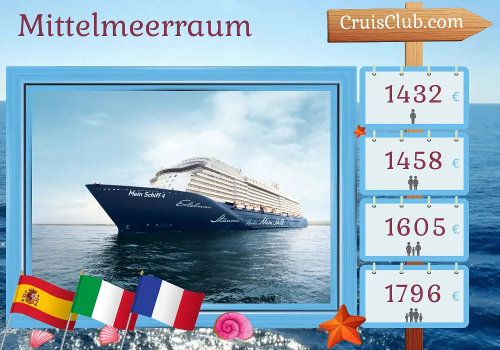 Mittelmeer-Kreuzfahrt ab Palma an Bord des Schiffes Mein Schiff 4 mit Besuchen in Spanien, Italien und Frankreich für 8 Tage