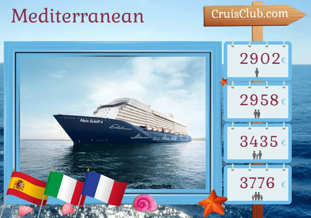 Cruise in the Mediterranean from Palma aboard Mein Schiff 4 ship with visits to Spain, Italy, France, and Morocco for 15 days