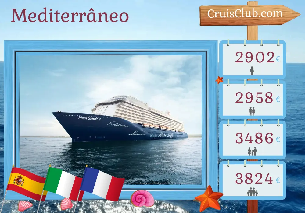 Cruzeiro no Mediterrâneo a partir de Palma a bordo do navio Mein Schiff 4 com visitas à Espanha, Itália, França e Marrocos por 15 dias