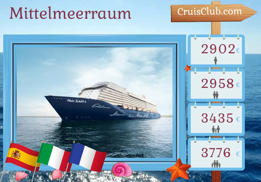 Kreuzfahrt im Mittelmeer von Palma an Bord des Schiffes Mein Schiff 4 mit Stopps in Spanien, Italien, Frankreich und Marokko für 15 Tage