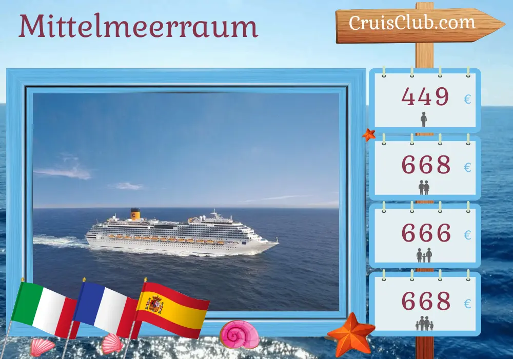 Kreuzfahrt im Mittelmeer von Savona nach Malaga an Bord des Costa Fascinosa-Schiffs mit Stopps in Italien, Frankreich und Spanien für 4 Tage