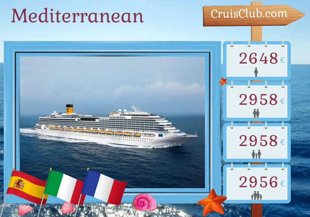 Cruise in the Mediterranean from Valencia to Alicante aboard Costa Pacifica ship with visits to Spain, Italy, and France for 10 days