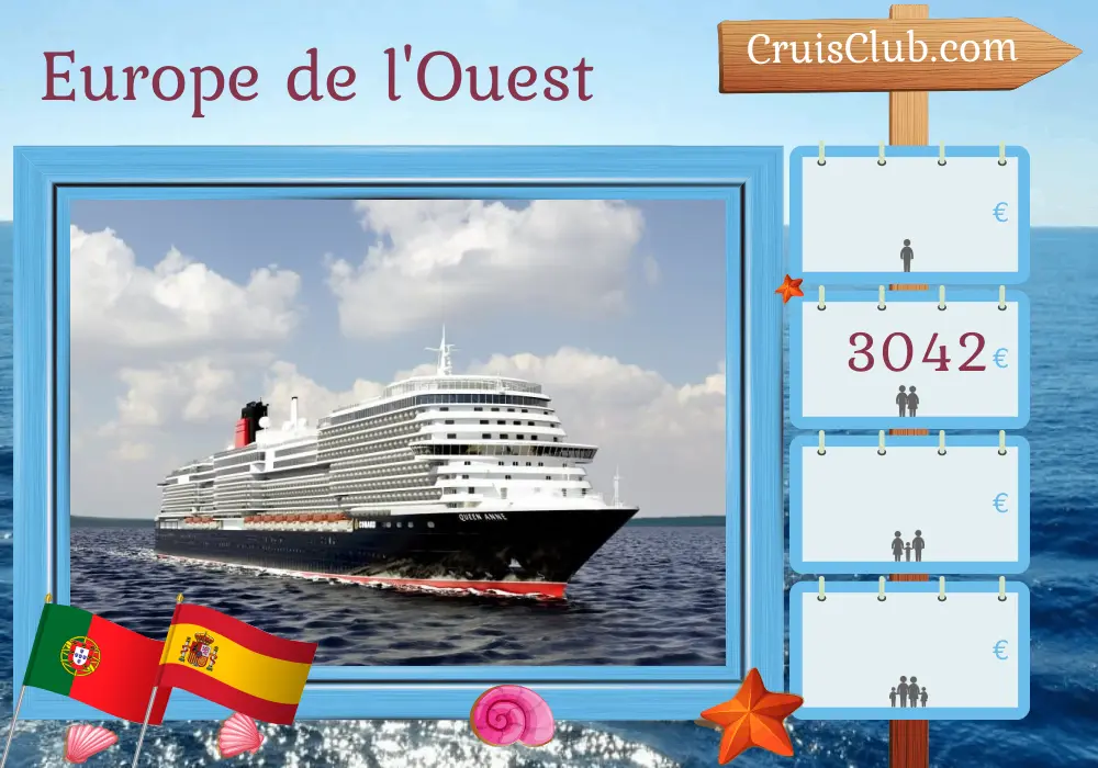 Croisière en Europe de l`Ouest au départ de Southampton à bord du Queen Anne avec des escales au Portugal et en Espagne pendant 13 jours