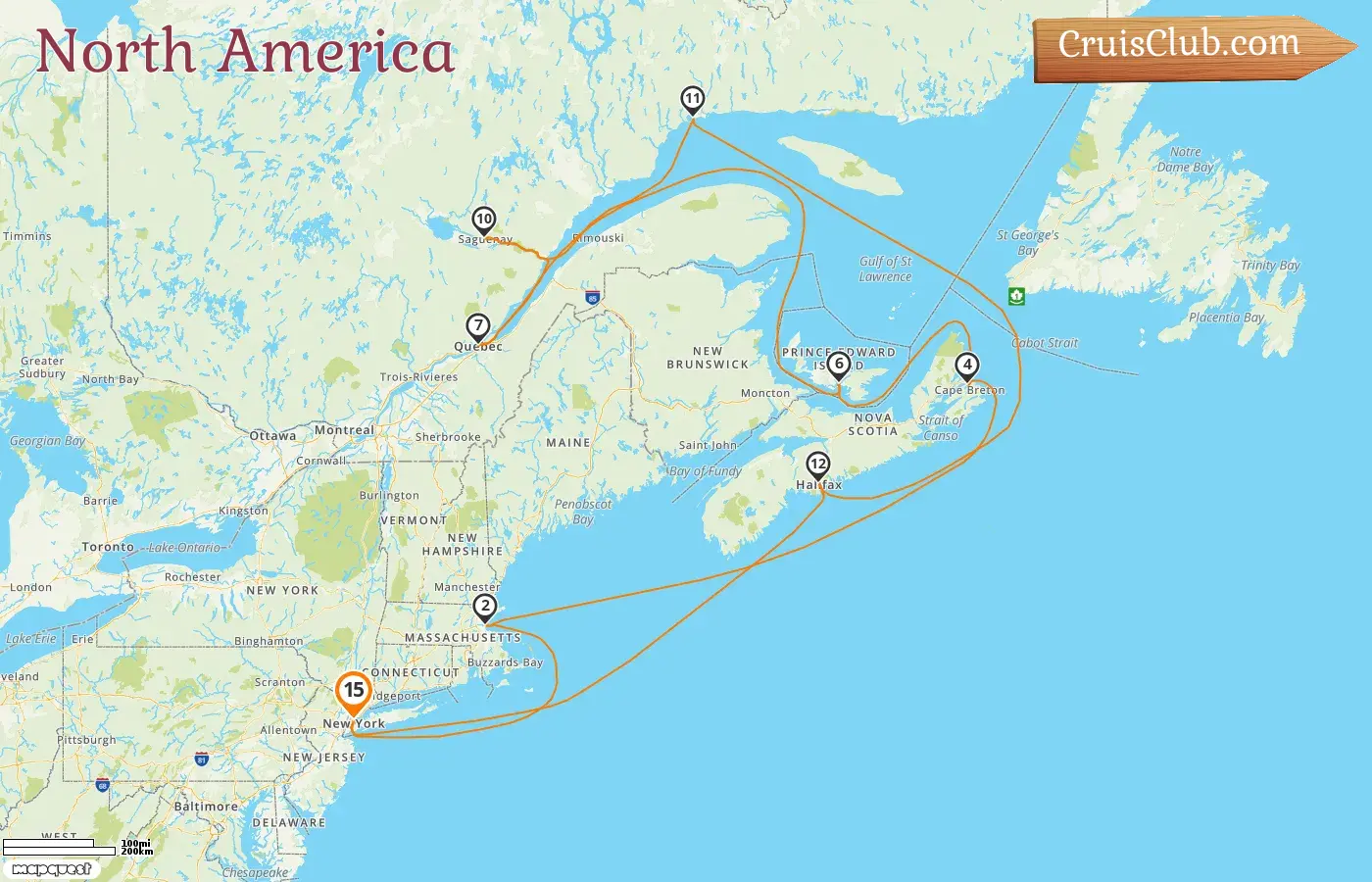 Cruise in the North America from New York aboard Queen Mary 2 ship with visits to USA and Canada for 15 days