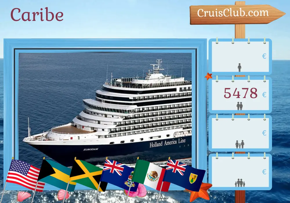 Cruzeiro no Caribe de Fort Lauderdale a bordo do navio Eurodam com visitas aos EUA, Bahamas, Jamaica, Ilhas Cayman, México e República Dominicana por 15 dias