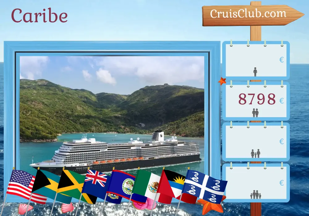 Cruzeiro no Caribe saindo de Fort Lauderdale a bordo do navio Rotterdam com visitas aos EUA, Bahamas, Jamaica, Ilhas Cayman, Honduras, Belize, México e Martinica por 22 dias