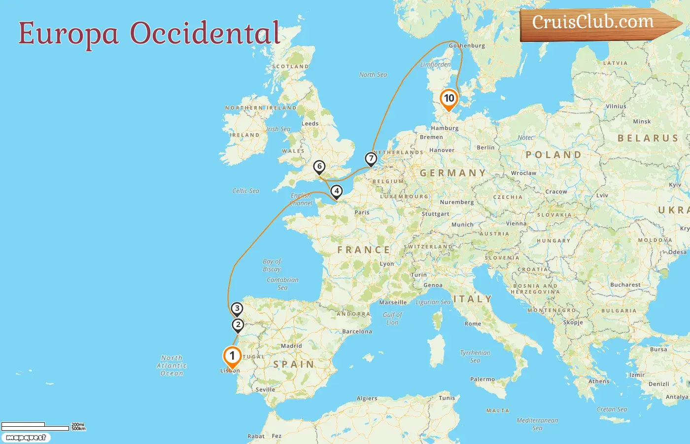 Crucero por Europa Occidental desde Lisboa a Kiel a bordo del barco Costa Diadema con visitas a España, Francia y Bélgica durante 10 días