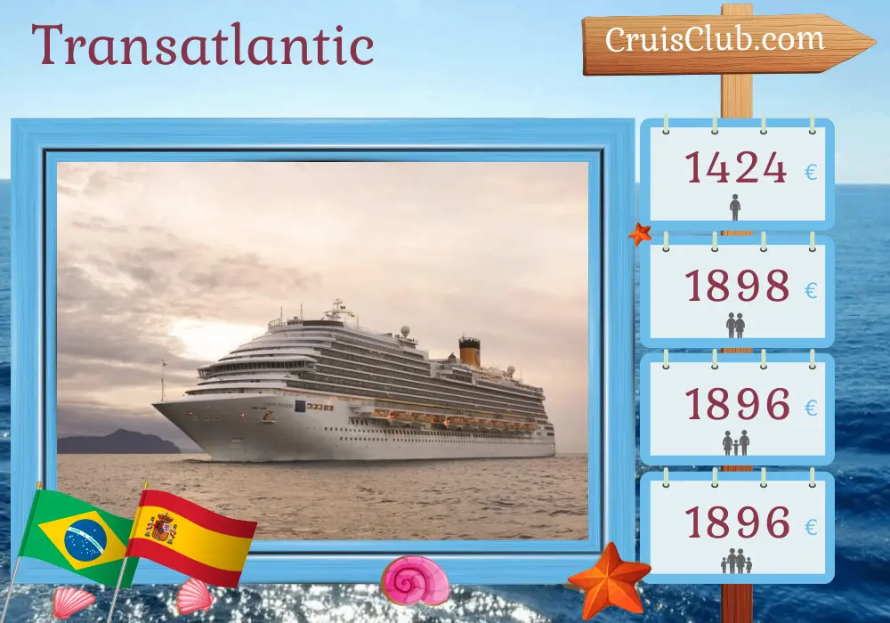 Cruise in the Transatlantic from Maceio to Lisbon aboard Costa Diadema ship with visits to Brazil, Spain, and Morocco for 13 days