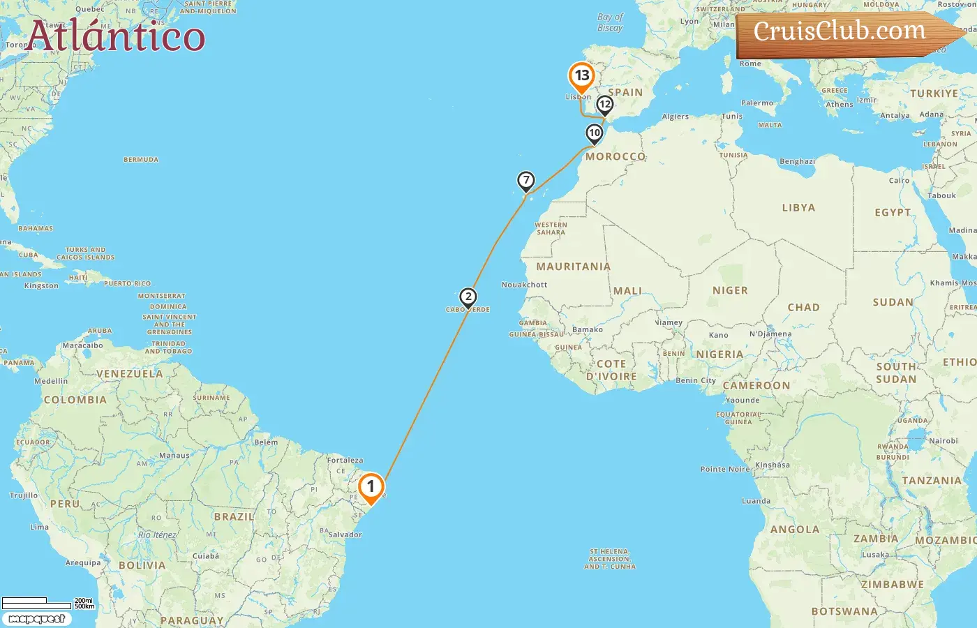 Crucero en el Transatlántico de Maceió a Lisboa a bordo del barco Costa Diadema con visitas a Brasil, España y Marruecos durante 13 días