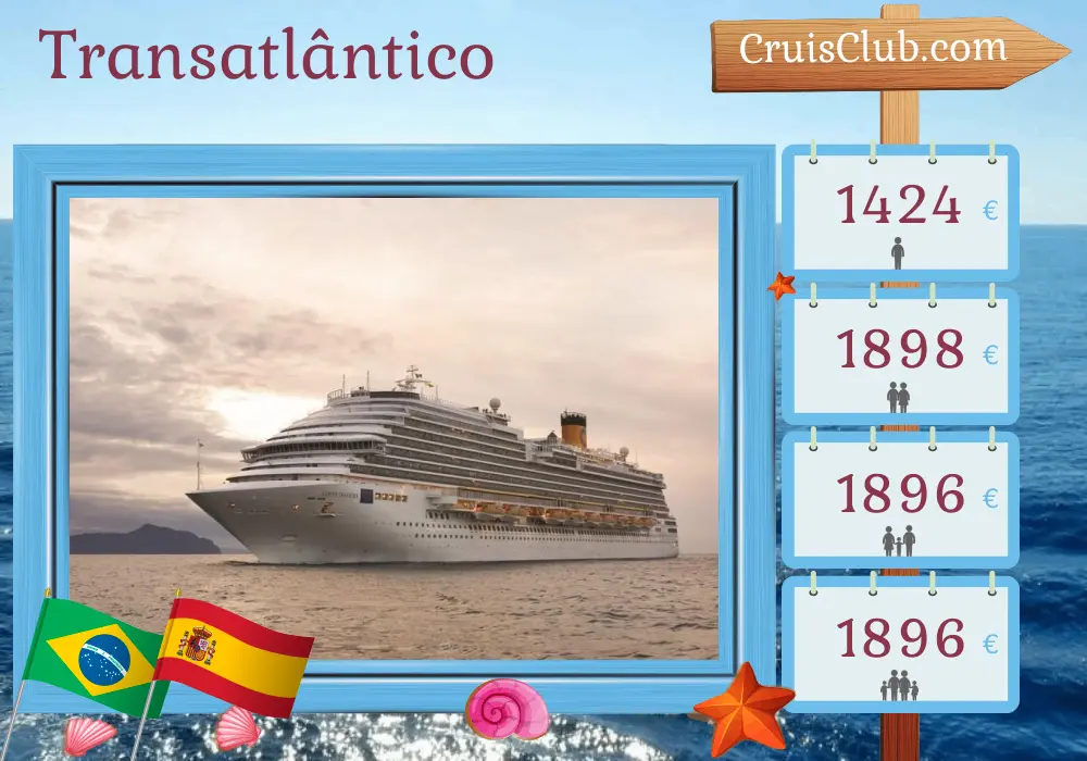 Cruzeiro no Transatlântico de Maceió para Lisboa a bordo do navio Costa Diadema com paradas no Brasil, Espanha e Marrocos por 13 dias