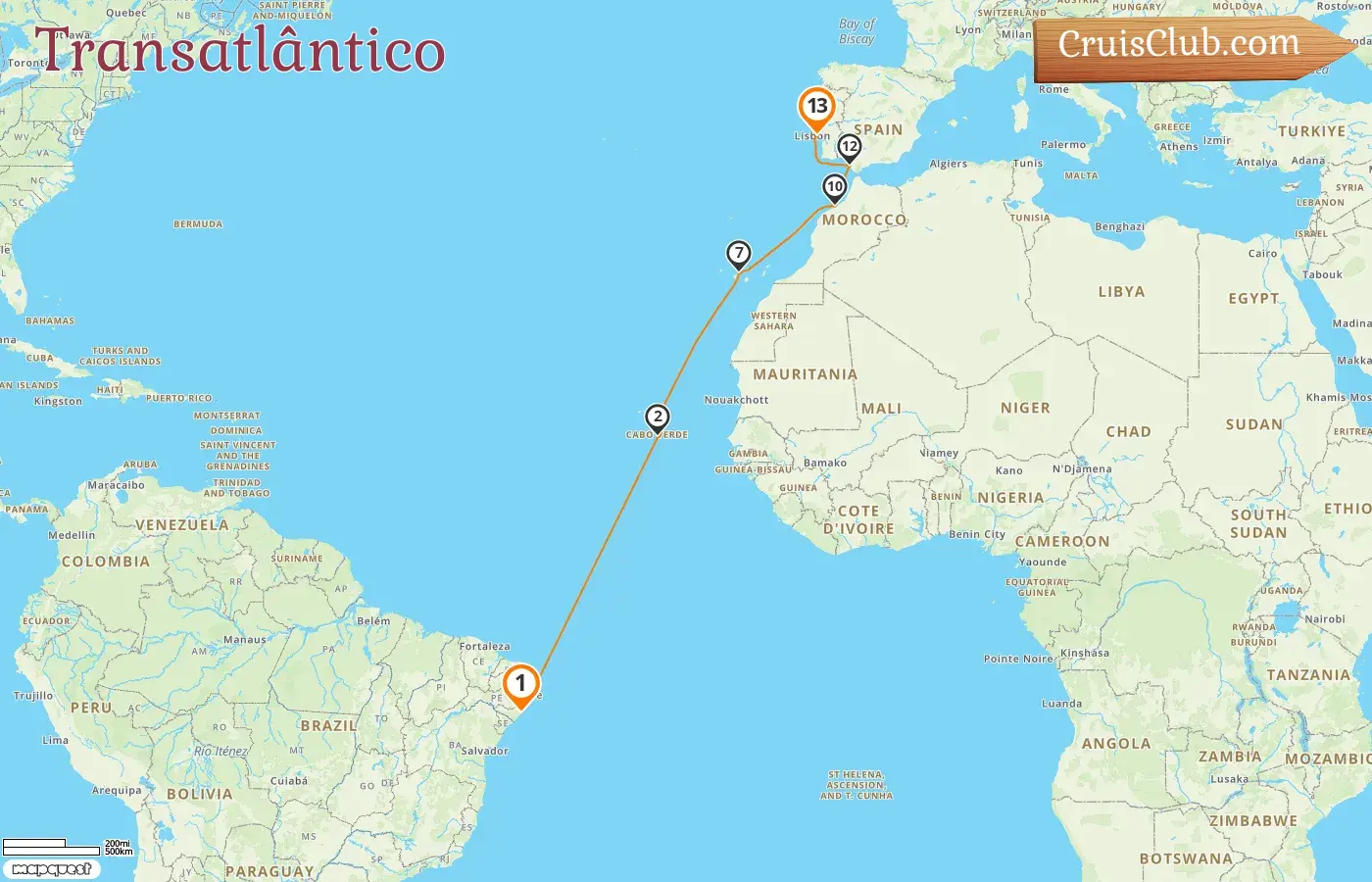 Cruzeiro no Transatlântico de Maceió para Lisboa a bordo do navio Costa Diadema com paradas no Brasil, Espanha e Marrocos por 13 dias