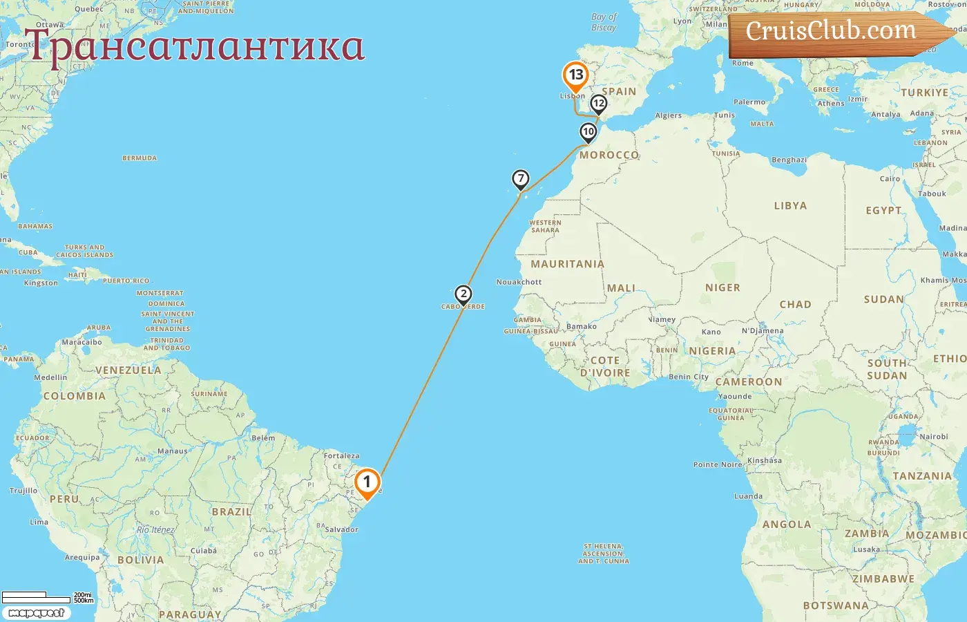 Трансатлантический круиз из Масейо в Лиссабон на борту судна Costa Diadema с посещением Бразилии, Испании и Марокко на 13 дней
