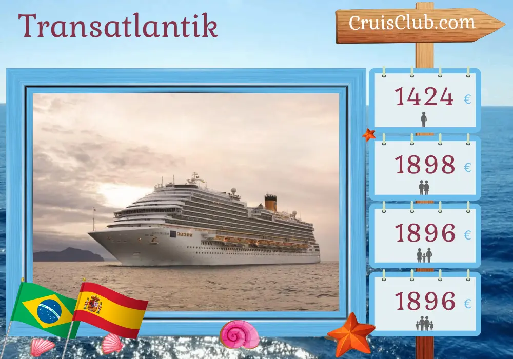 Kreuzfahrt im Transatlantik von Maceio nach Lissabon an Bord des Costa Diadema-Schiffes mit Stopps in Brasilien, Spanien und Marokko für 13 Tage
