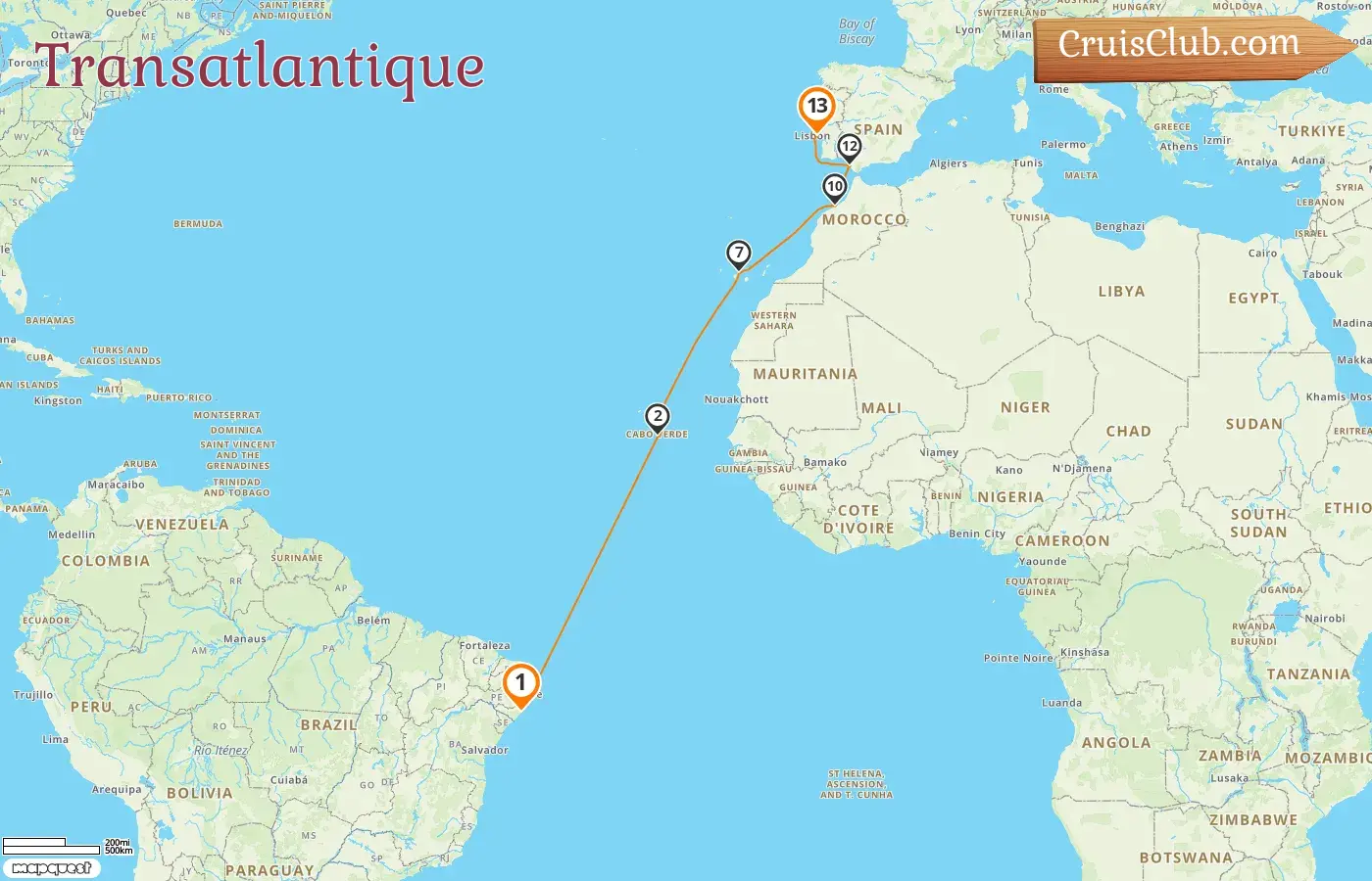 Croisière en transatlantique de Maceio à Lisbonne à bord du navire Costa Diadema avec des visites au Brésil, en Espagne et au Maroc pendant 13 jours