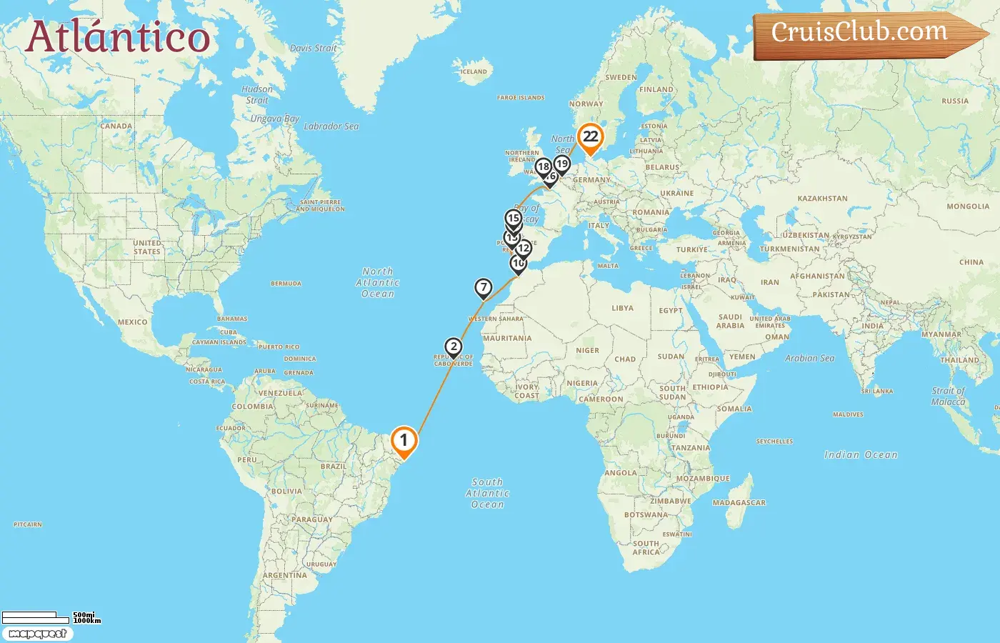 Crucero en el Transatlántico de Maceió a Kiel a bordo del barco Costa Diadema con visitas a Brasil, España, Marruecos, Francia y Bélgica durante 22 días