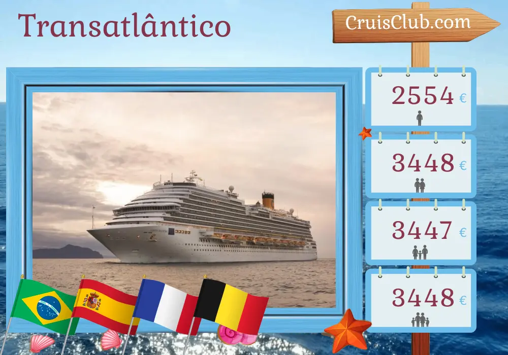Cruzeiro Transatlântico de Maceió a Kiel a bordo do navio Costa Diadema com visitas ao Brasil, Espanha, Marrocos, França e Bélgica por 22 dias