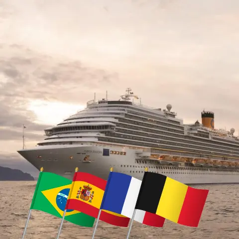 Cruise in the Transatlantic from Maceio to Kiel aboard Costa Diadema ship with visits to Brazil, Spain, Morocco, France, and Belgium for 22 days