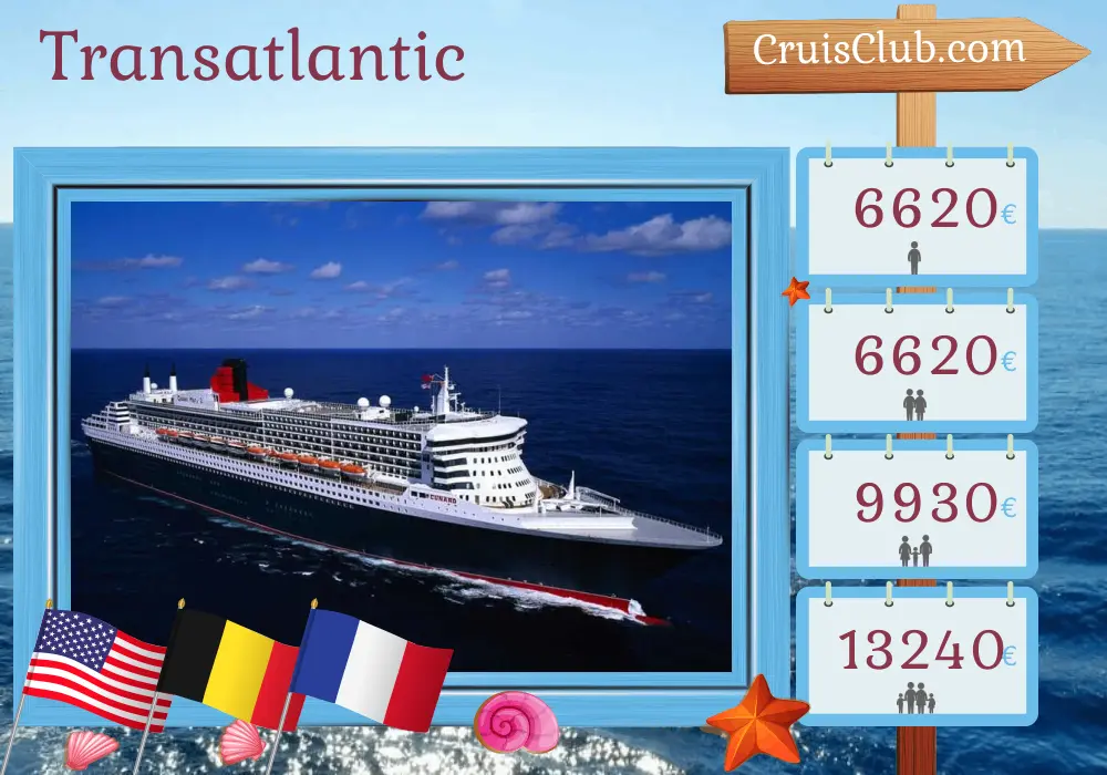 Cruise in the Transatlantic from New York aboard Queen Mary 2 ship with visits to USA, Belgium, and France for 20 days