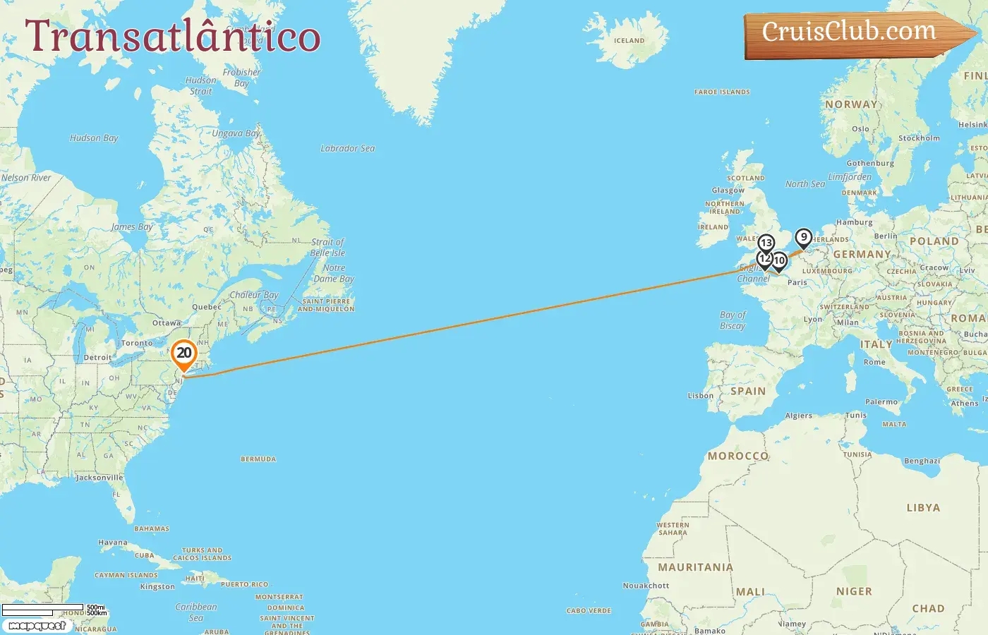 Cruzeiro no Transatlântico desde Nova Iorque a bordo do navio Queen Mary 2 com visitas aos EUA, Bélgica e França por 20 dias