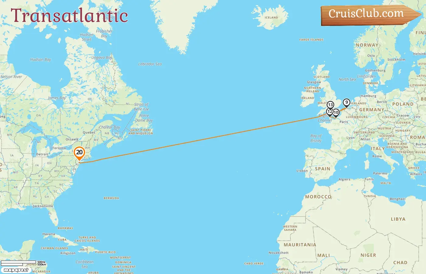 Cruise in the Transatlantic from New York aboard Queen Mary 2 ship with visits to USA, Belgium, and France for 20 days