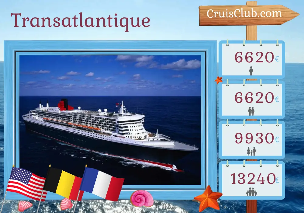 Croisière transatlantique depuis New York à bord du navire Queen Mary 2 avec escales aux États-Unis, en Belgique et en France pendant 20 jours