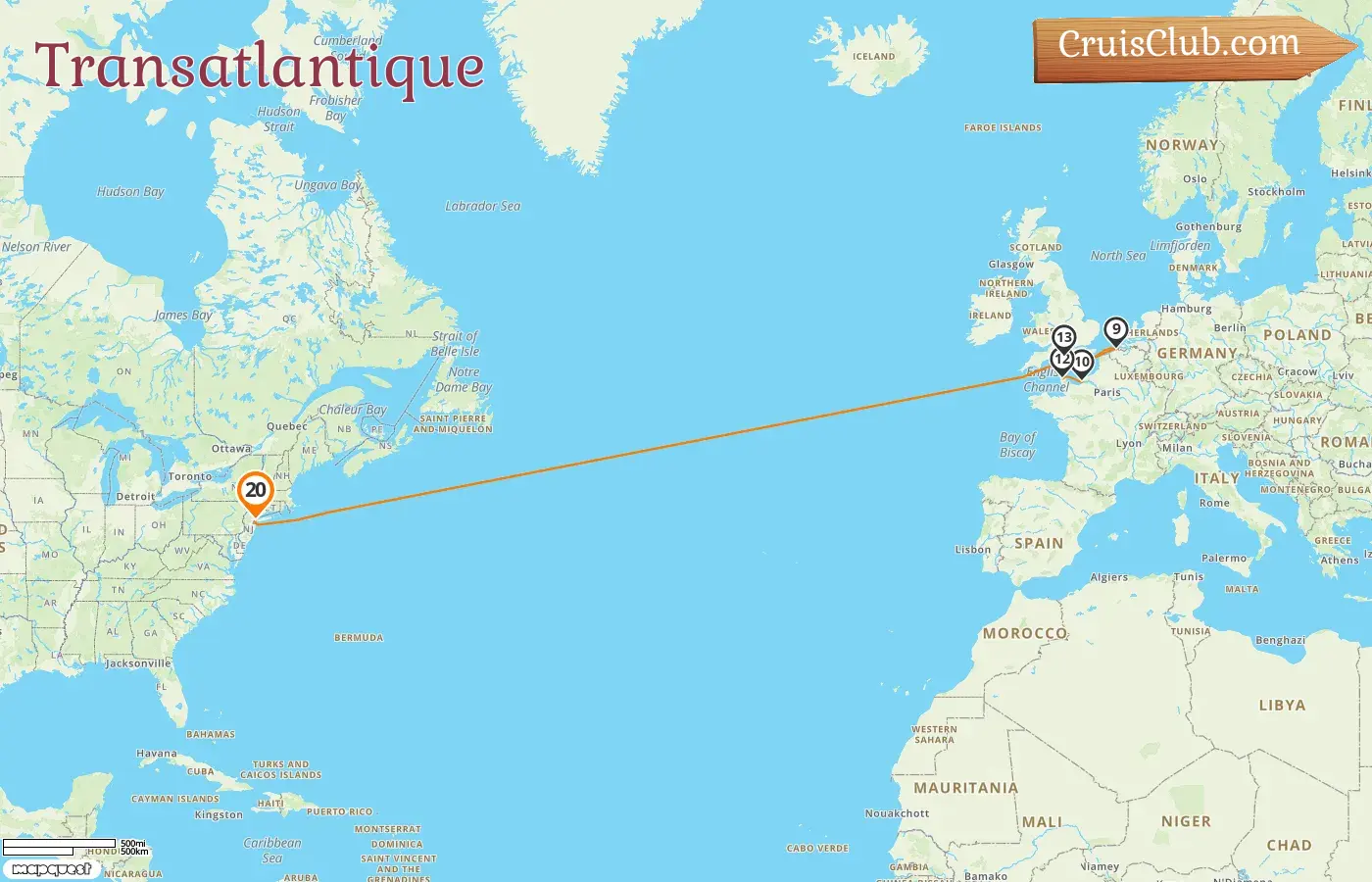 Croisière transatlantique depuis New York à bord du navire Queen Mary 2 avec escales aux États-Unis, en Belgique et en France pendant 20 jours