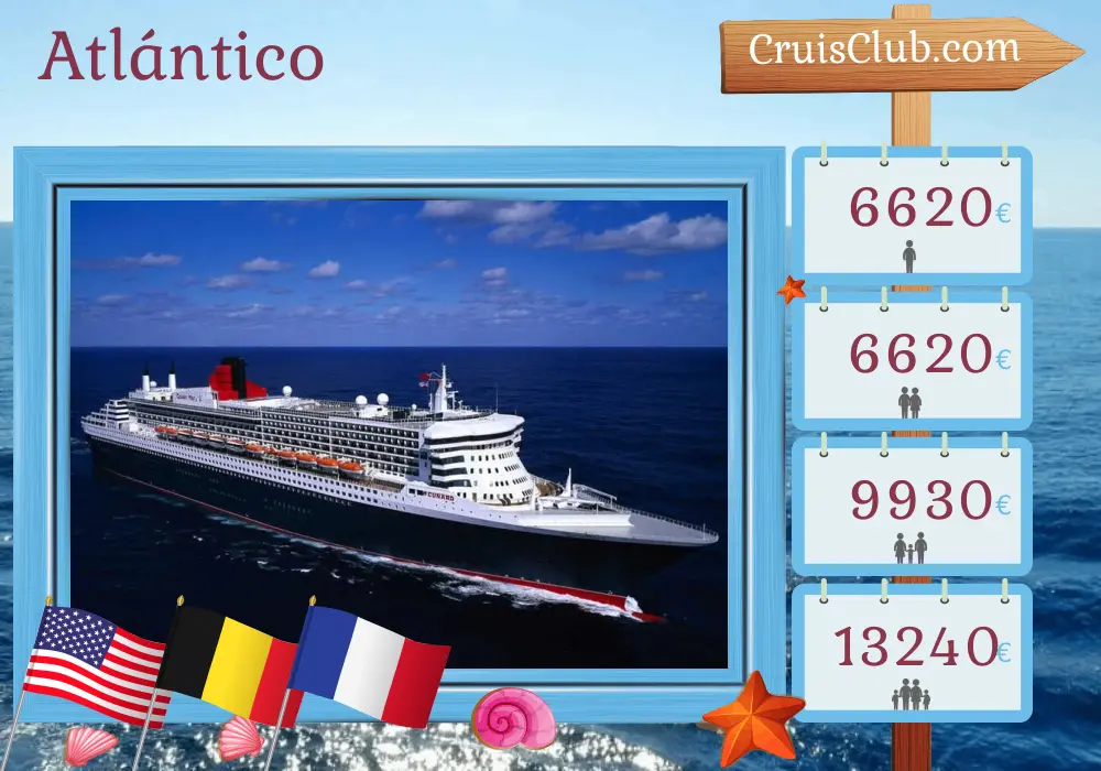 Crucero Transatlántico desde Nueva York a bordo del Queen Mary 2 con visitas a EE.UU., Bélgica y Francia durante 20 días