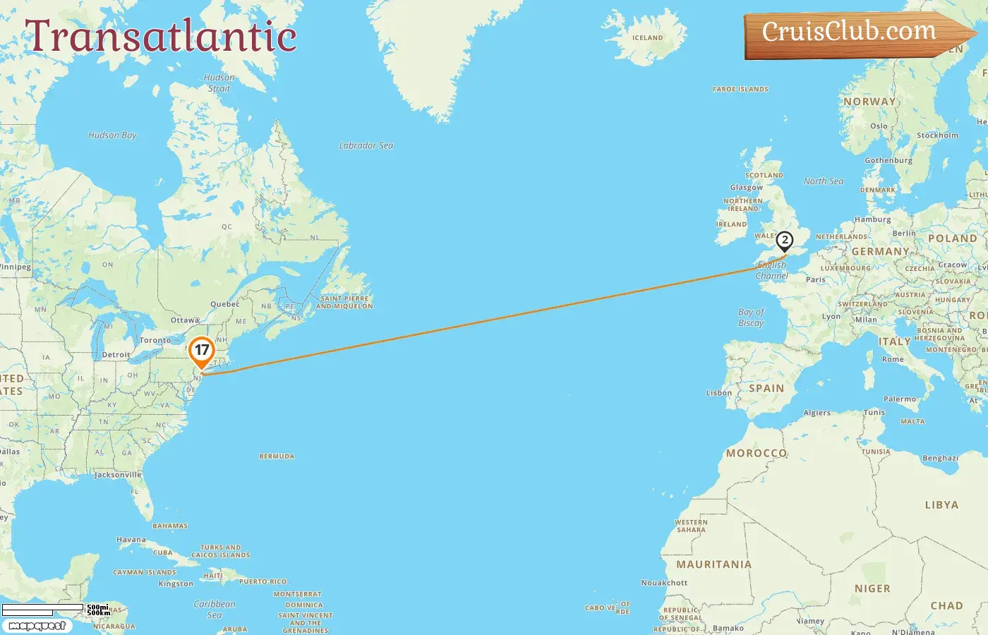 Cruise in the Transatlantic from New York aboard Queen Mary 2 ship with visits to USA for 17 days