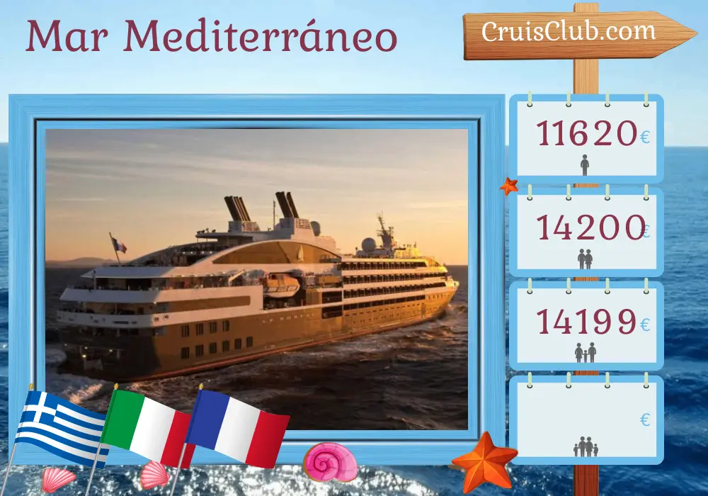Crucero por el Mediterráneo desde Atenas a Niza a bordo del barco Le Boréal con visitas a Grecia, Italia y Francia durante 13 días