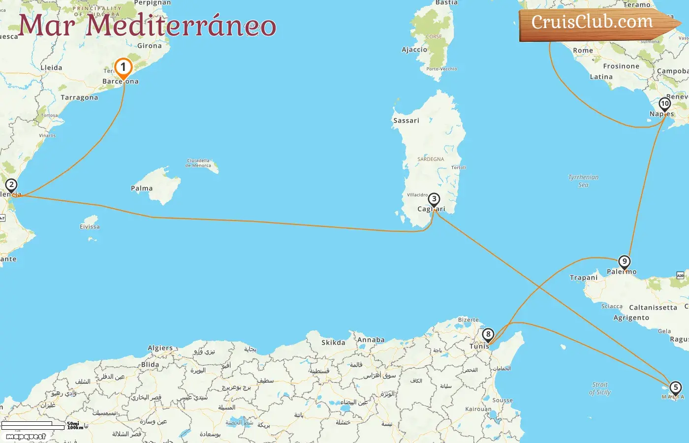 Crucero por el Mediterráneo desde Barcelona a Civitavecchia a bordo del barco Silver Muse con visitas a España, Italia, Malta y Túnez durante 11 días