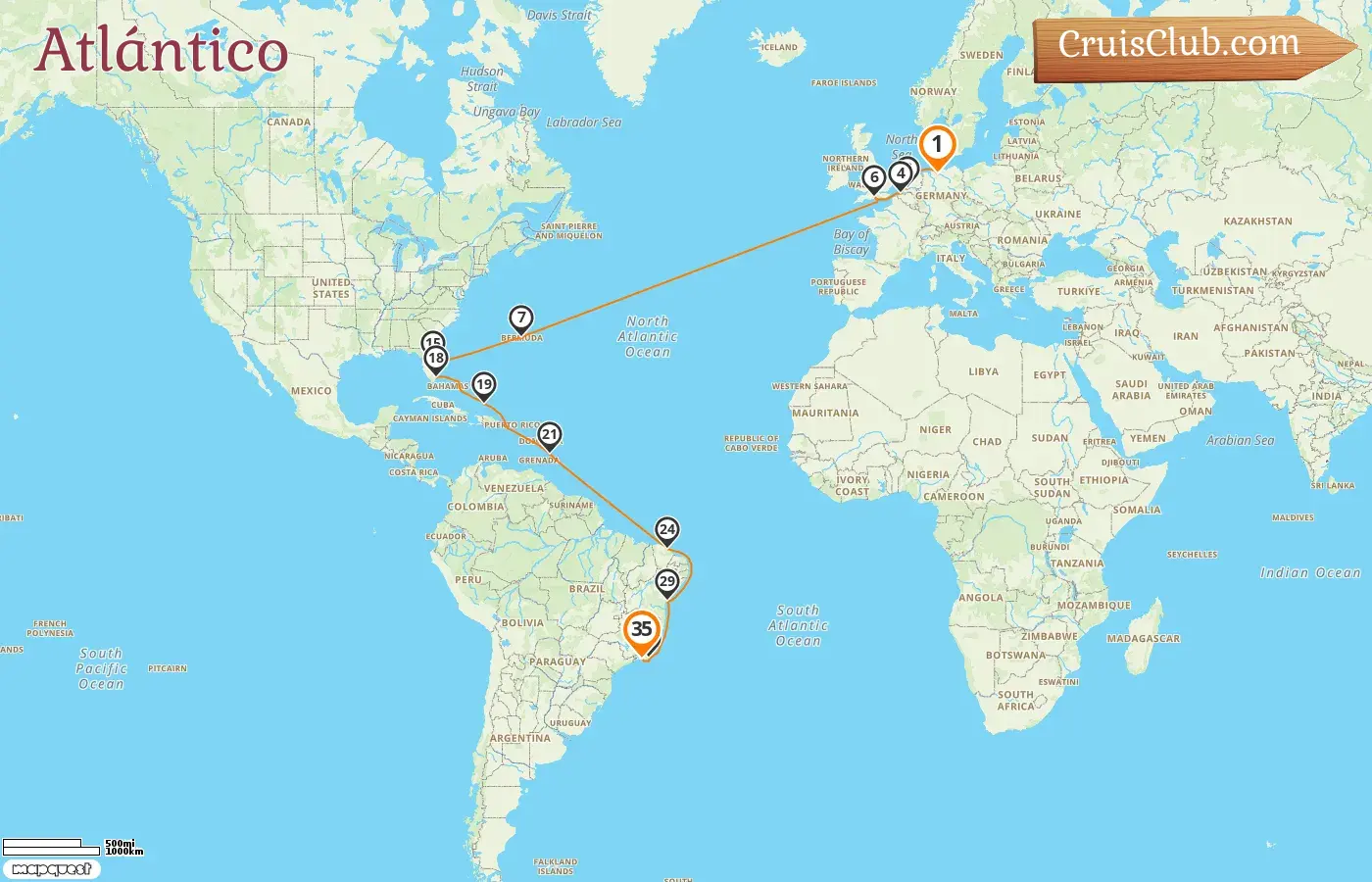 Crucero en el Transatlántico de Hamburgo a Río de Janeiro a bordo del Queen Anne con visitas a Alemania, Bélgica, Bermudas, EE. UU., Barbados y Brasil durante 35 días