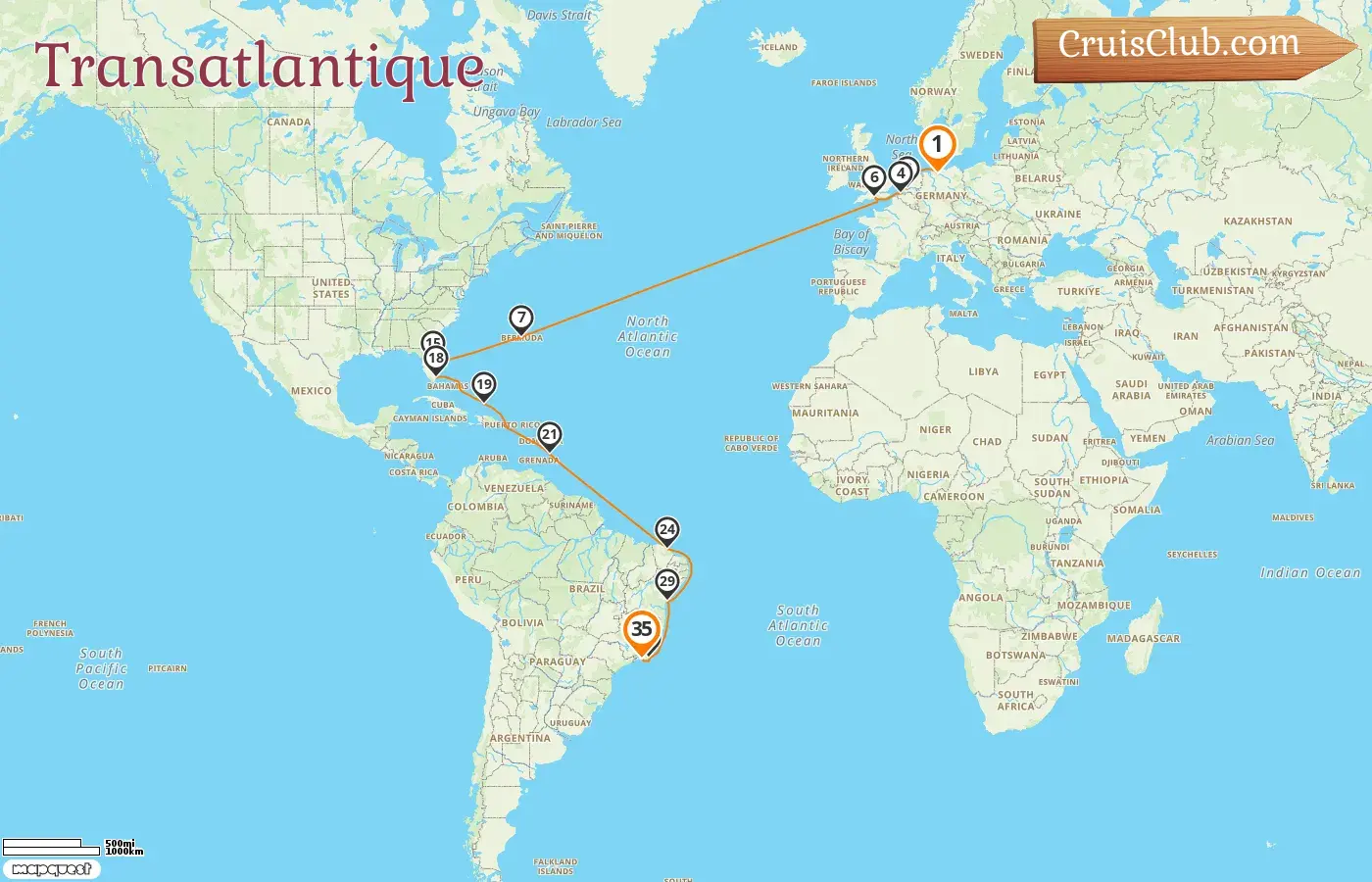Croisière transatlantique de Hambourg à Rio de Janeiro à bord du Queen Anne avec visites en Allemagne, en Belgique, aux Bermudes, aux États-Unis, à la Barbade et au Brésil pendant 35 jours