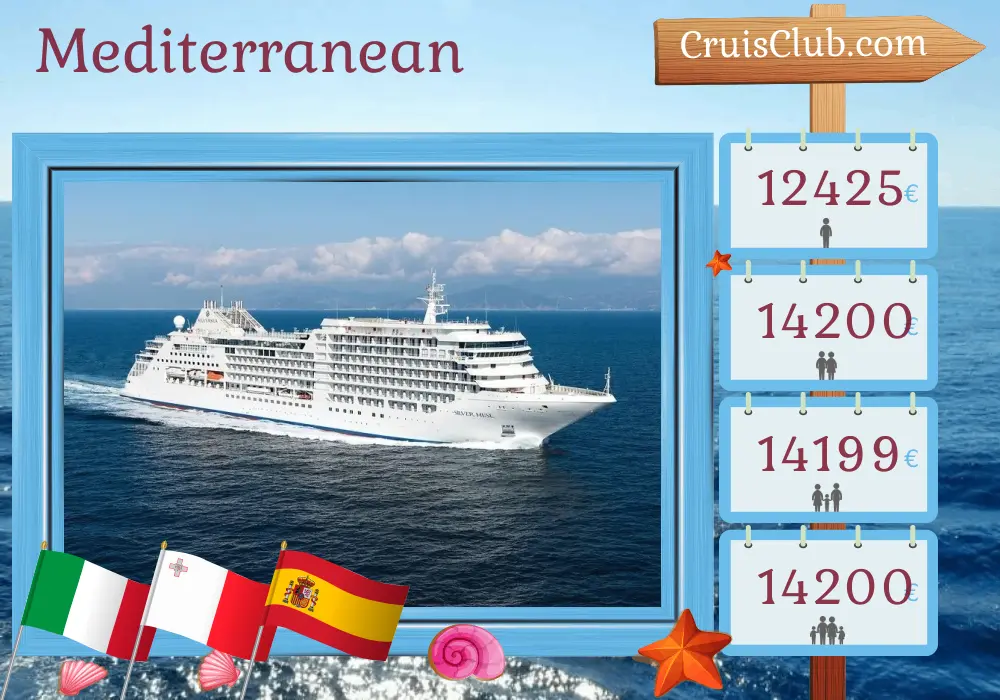 Cruise in the Mediterranean from Civitavecchia to Barcelona aboard Silver Muse ship with visits to Italy, Malta, Tunisia, and Spain for 11 days