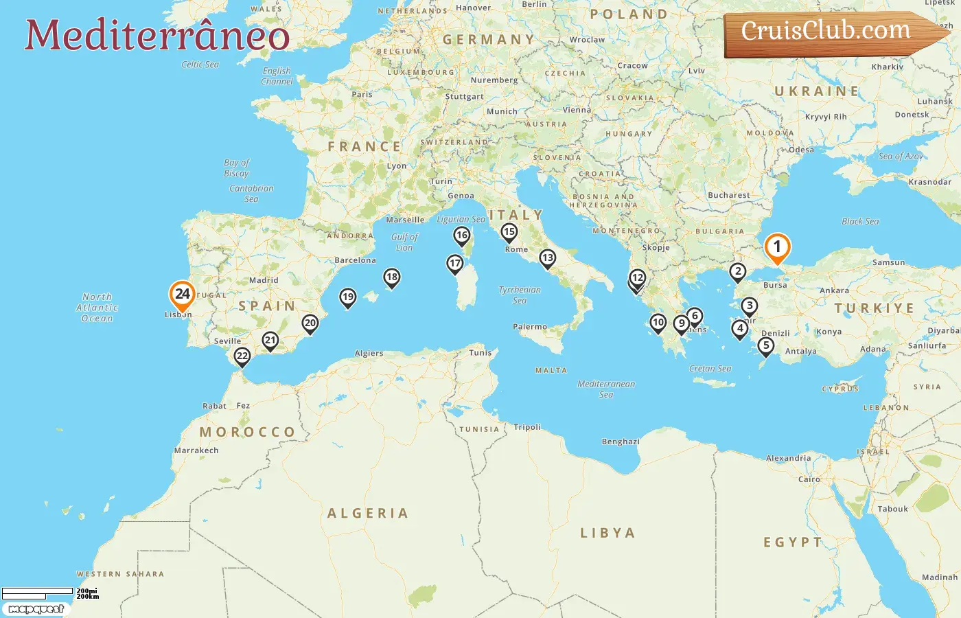 Cruzeiro no Mediterrâneo de Istambul a Lisboa a bordo do navio Seabourn Quest com visitas à Turquia, Grécia, Albânia, Itália, França e Espanha por 24 dias