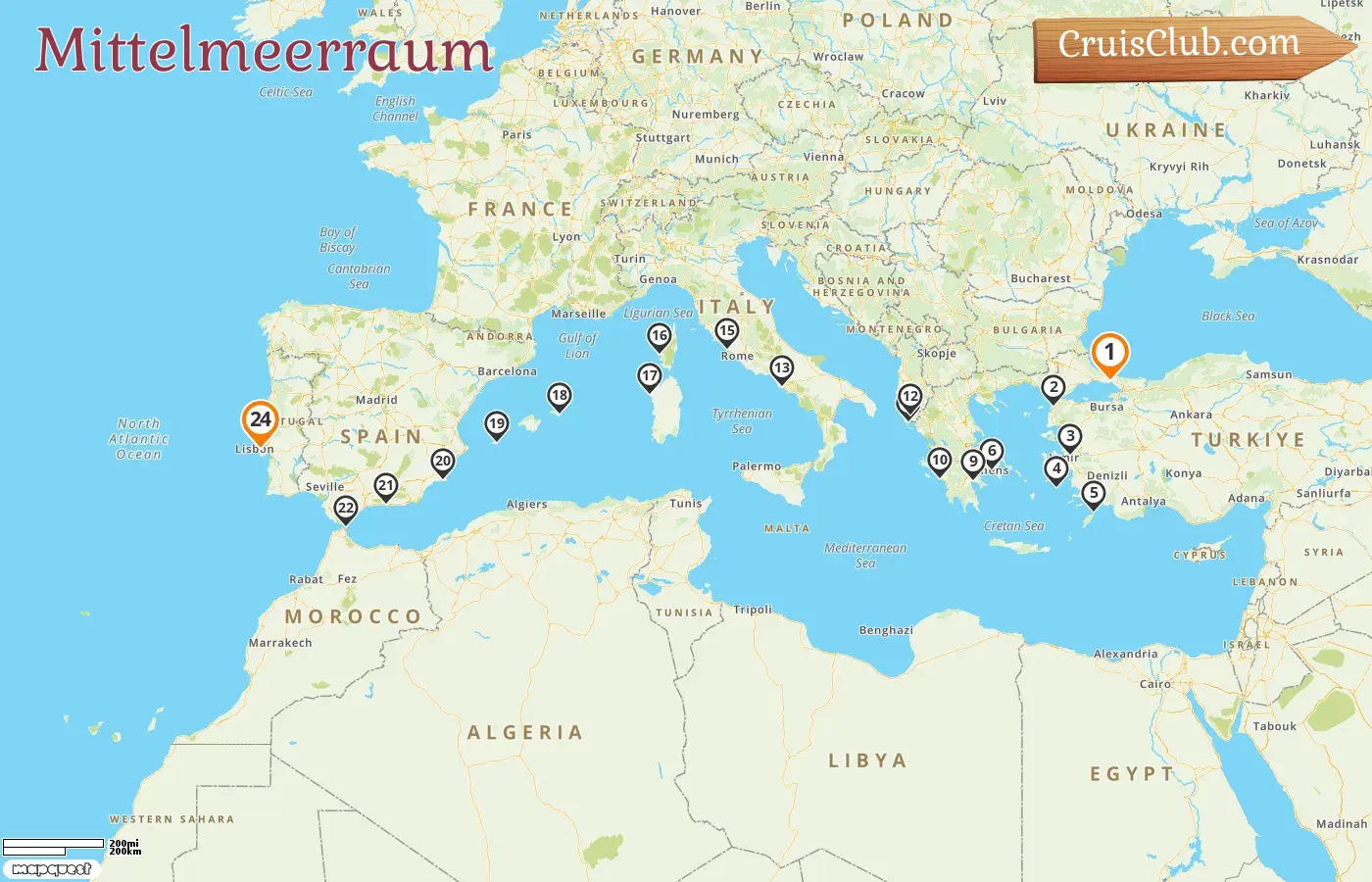 Kreuzfahrt im Mittelmeer von Istanbul nach Lissabon an Bord des Schiffes Seabourn Quest mit Stopps in der Türkei, Griechenland, Albanien, Italien, Frankreich und Spanien für 24 Tage