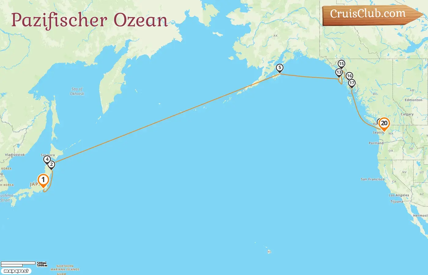 Kreuzfahrt im Pazifischen Ozean von Yokohama nach Seattle an Bord des Schiffes Silver Nova mit Stopps in Japan, den USA und Kanada für 20 Tage