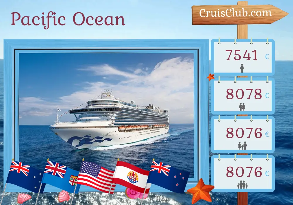 Cruise in the Pacific Ocean from Sydney aboard Crown Princess ship with visits to Australia, Fiji, Samoa, USA, French Polynesia, and New Zealand for 36 days