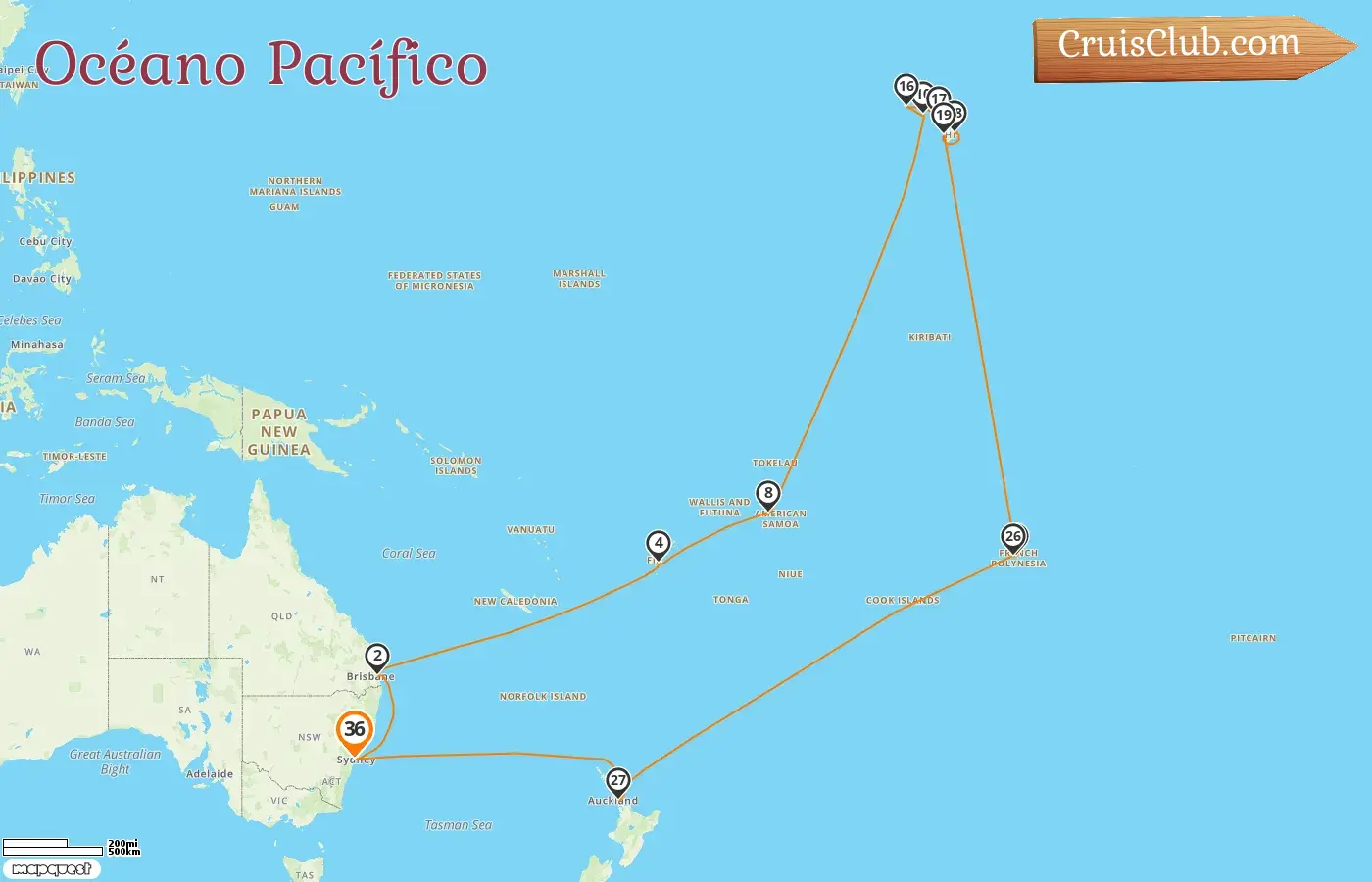 Crucero por el Océano Pacífico desde Sídney a bordo del barco Crown Princess con visitas a Australia, Fiji, Samoa, EE.UU., Polinesia Francesa y Nueva Zelanda durante 36 días