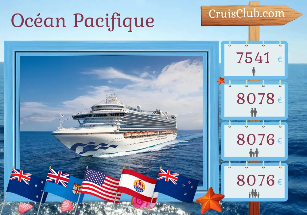 Croisière dans l`océan Pacifique au départ de Sydney à bord du navire Crown Princess avec des escales en Australie, aux Fidji, au Samoa, aux États-Unis, en Polynésie française et en Nouvelle-Zélande pendant 36 jours