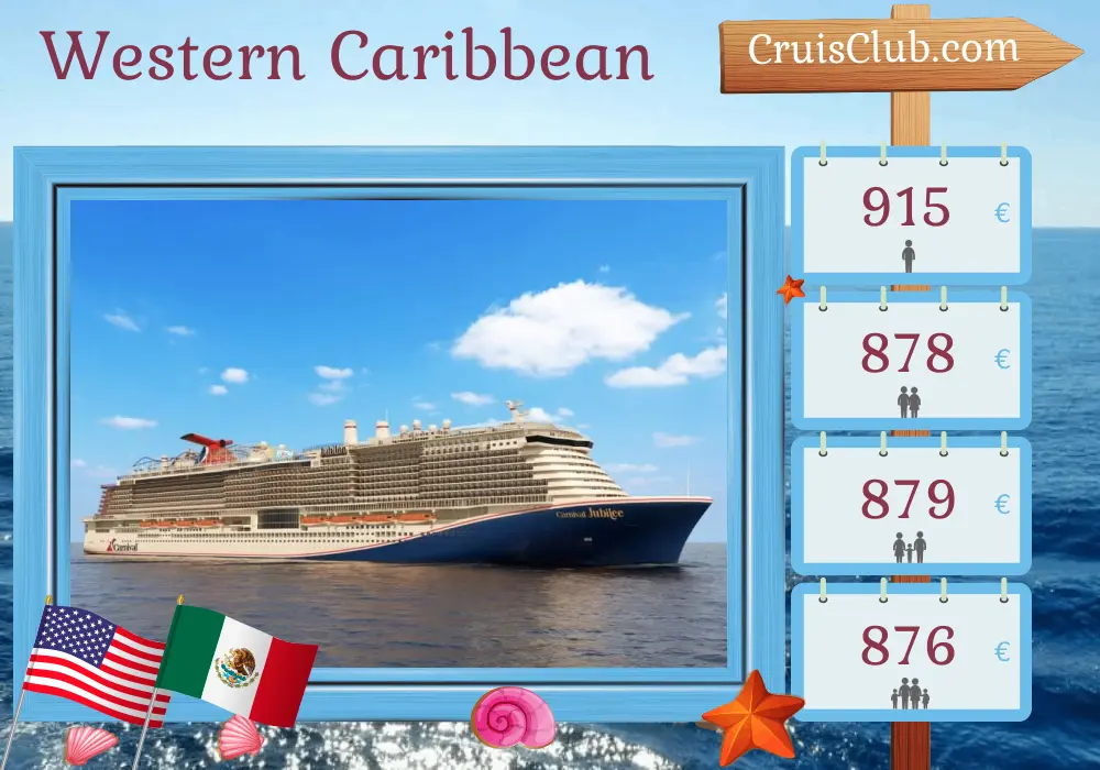 Cruise in the Western Caribbean from Galveston aboard Carnival Jubilee ship with visits to USA, Mexico, and Honduras for 8 days