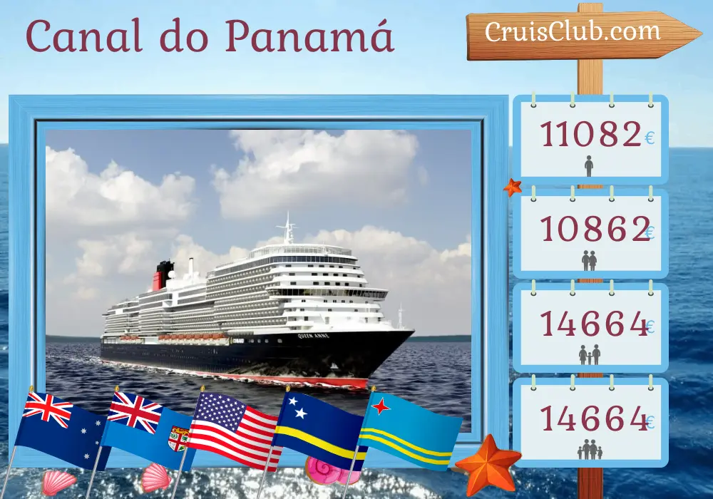 Cruzeiro no Canal do Panamá de Sydney para Miami a bordo do navio Queen Anne com visitas à Austrália, Vanuatu, Fiji, EUA, Guatemala, Panamá, Curaçao e Aruba por 35 dias