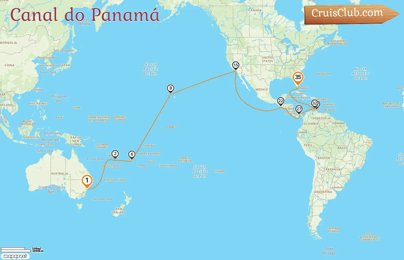 Cruzeiro no Canal do Panamá de Sydney para Miami a bordo do navio Queen Anne com visitas à Austrália, Vanuatu, Fiji, EUA, Guatemala, Panamá, Curaçao e Aruba por 35 dias