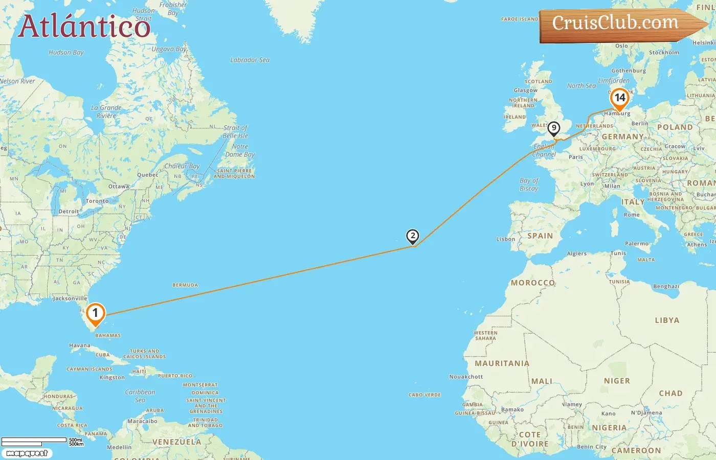 Crucero en el Transatlántico de Miami a Hamburgo a bordo del barco Reina Ana con visitas a Estados Unidos, Portugal y Alemania durante 14 días