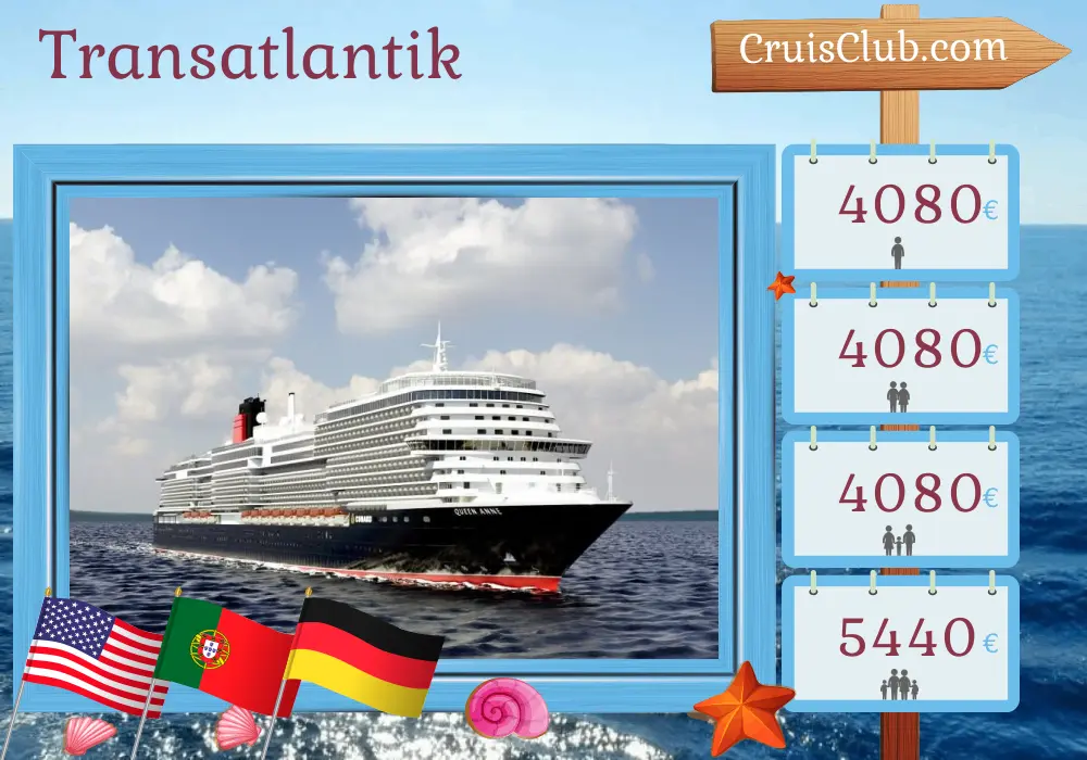 Kreuzfahrt über den Atlantik von Miami nach Hamburg an Bord des Schiffes Queen Anne mit Stopps in den USA, Portugal und Deutschland für 14 Tage