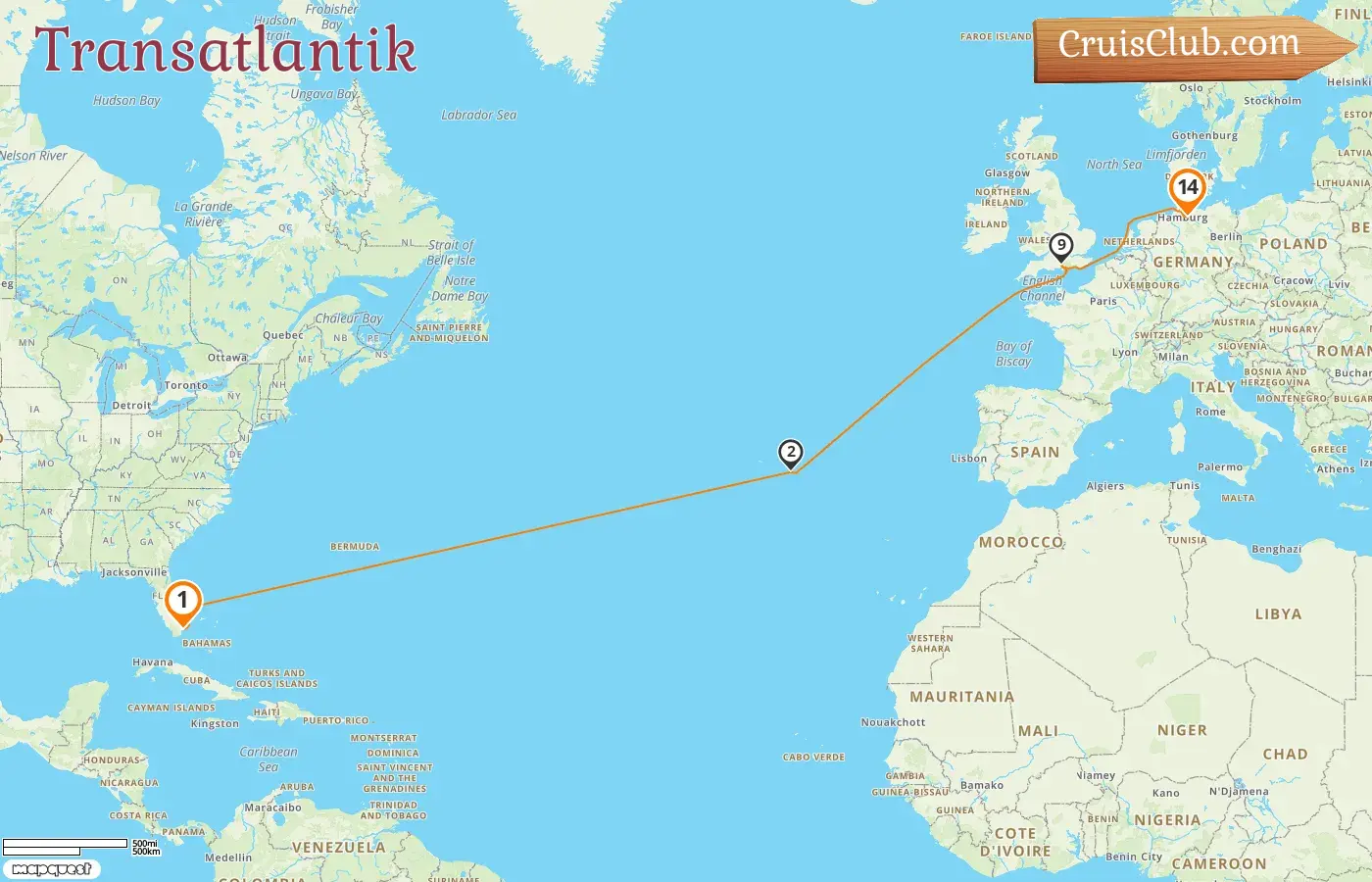 Kreuzfahrt über den Atlantik von Miami nach Hamburg an Bord des Schiffes Queen Anne mit Stopps in den USA, Portugal und Deutschland für 14 Tage